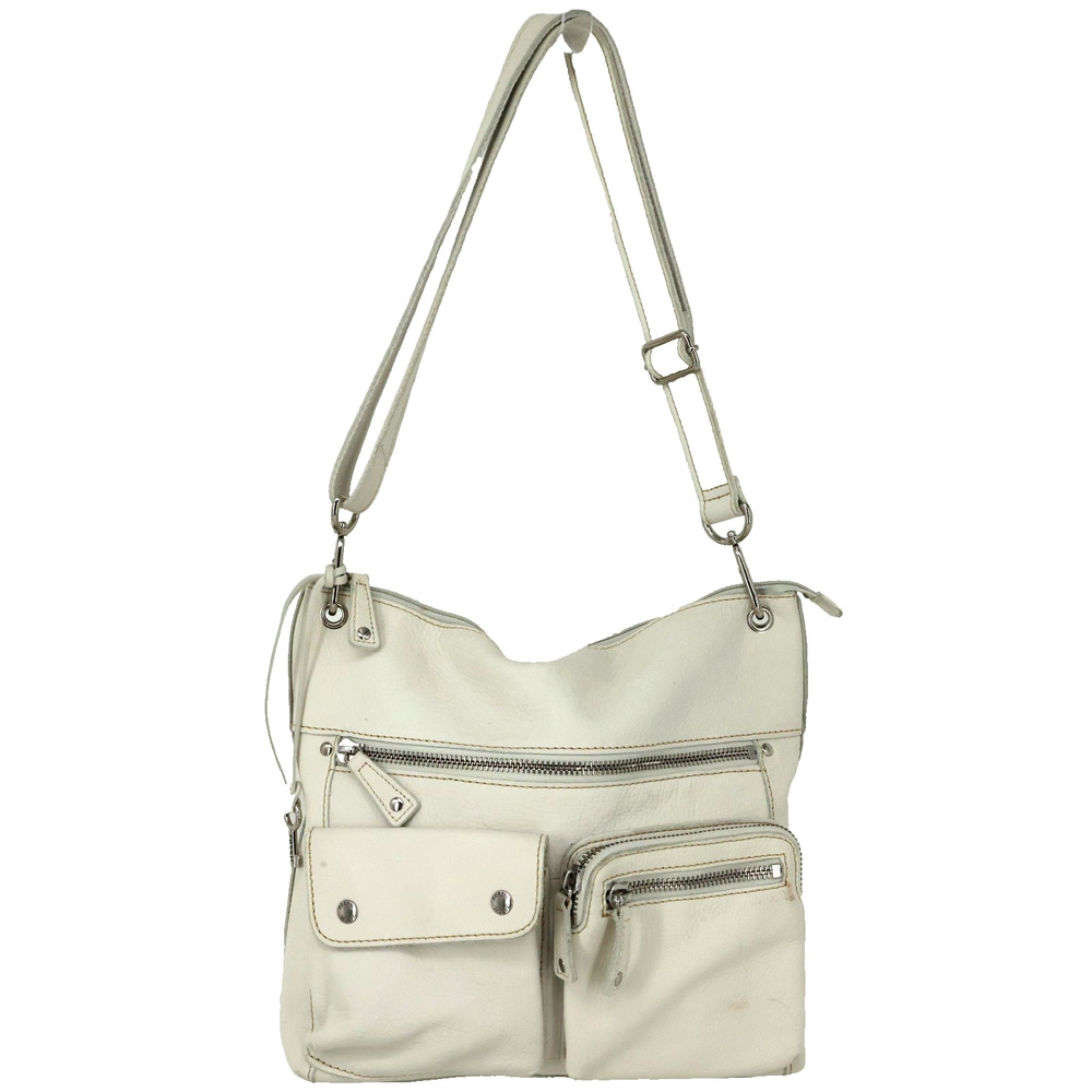 Fossil Handbag Womens Ivory Leather Shoulder Bag Zip Pockets Crossbody Coastal
